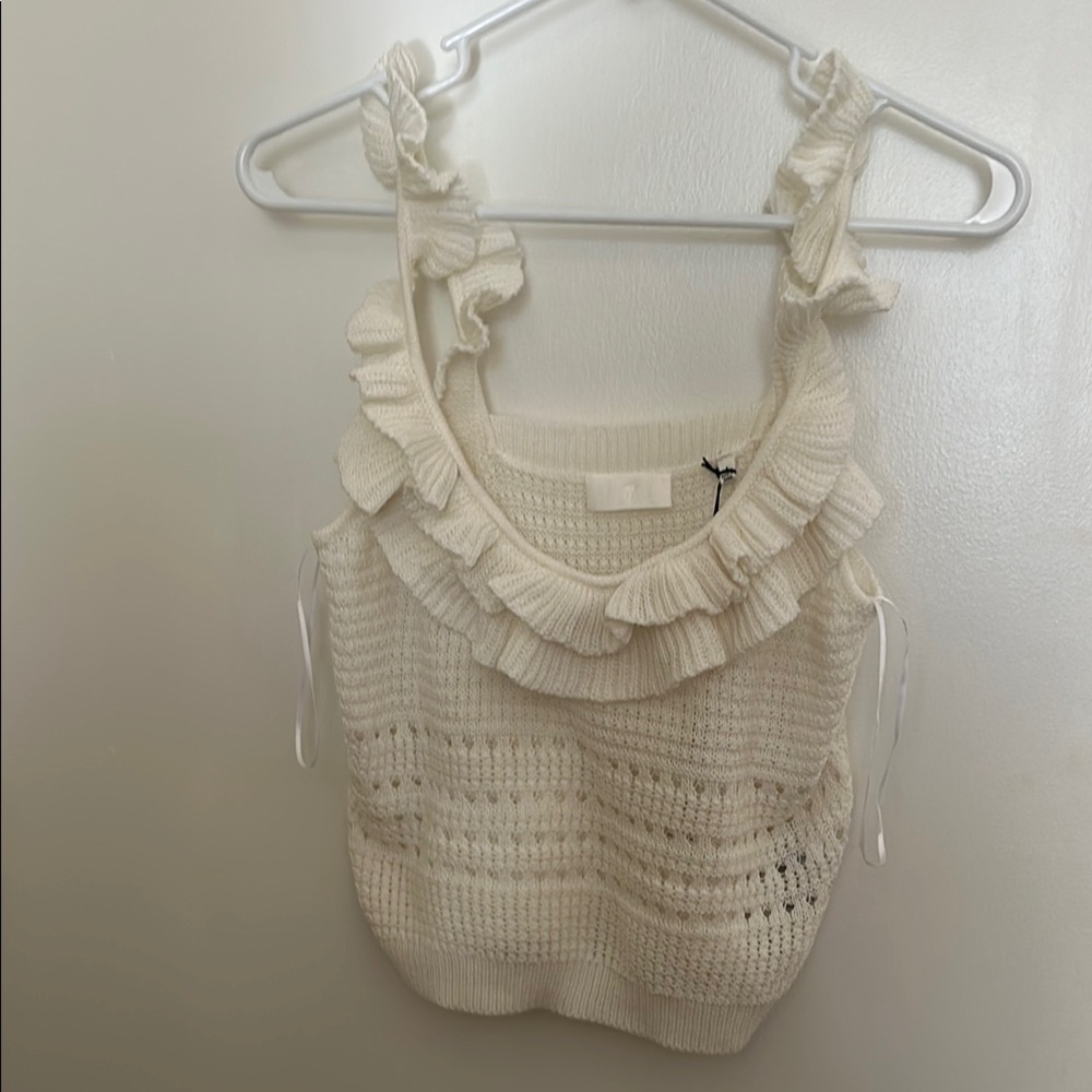 7 For All Mankind Cream Ruffle Knit Crop Top